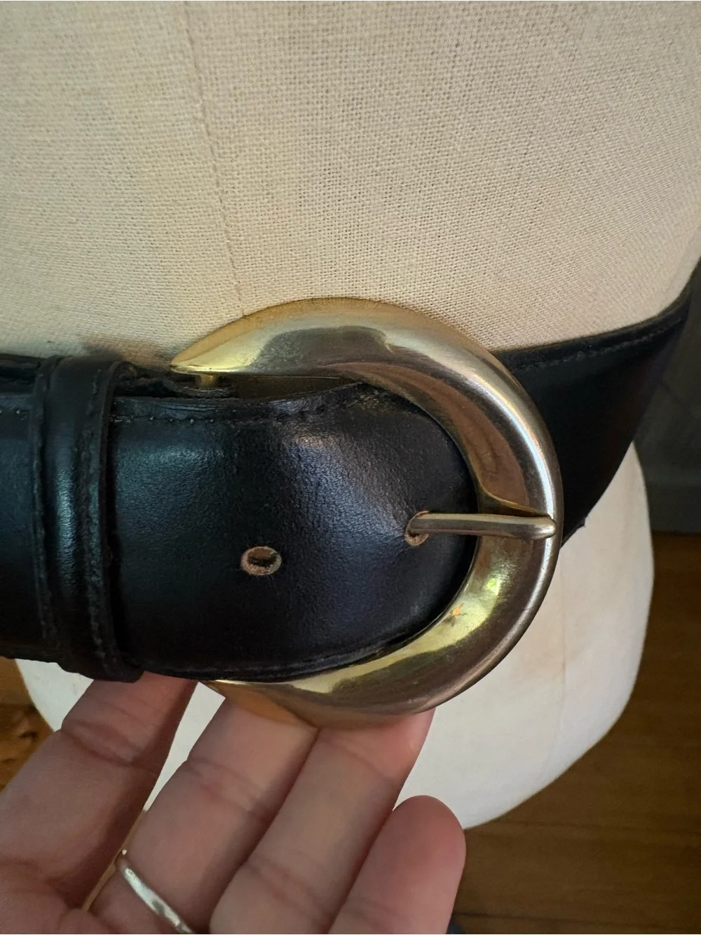 A. BROD Black pvc coated cow Leather Belt with Gold Crescent Buckle Size Medium